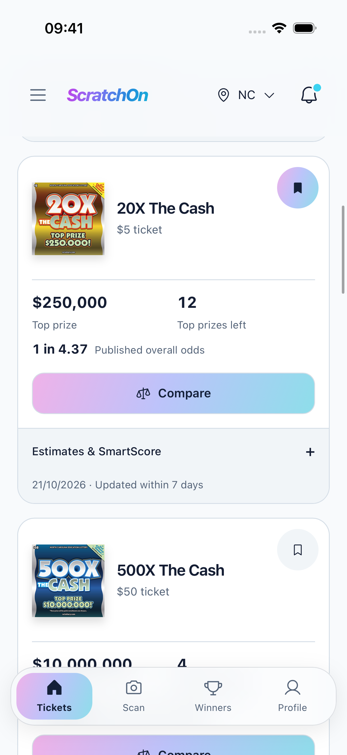 ScratchOn catalog showing 20X The Cash and remaining prizes
