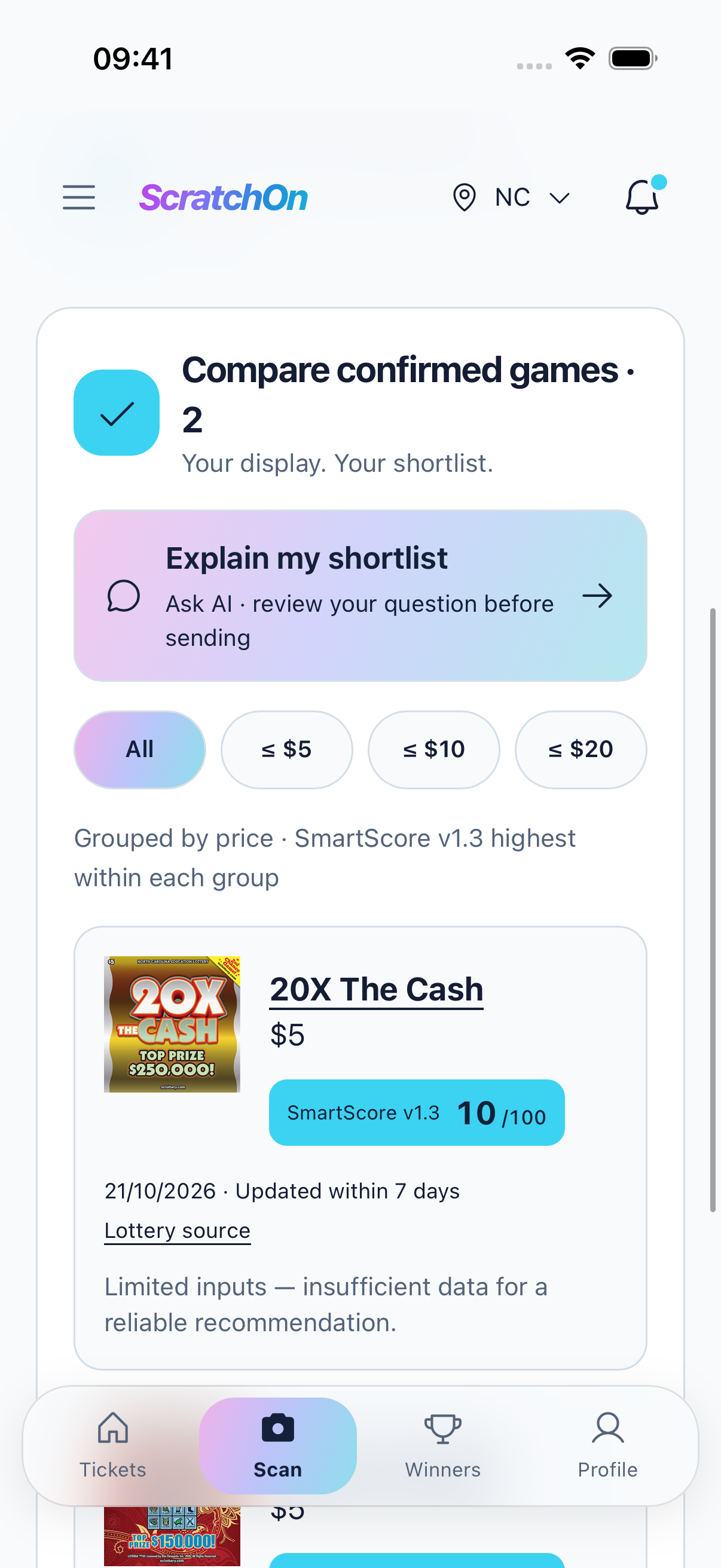 ScratchOn confirmed tickets from a display scan